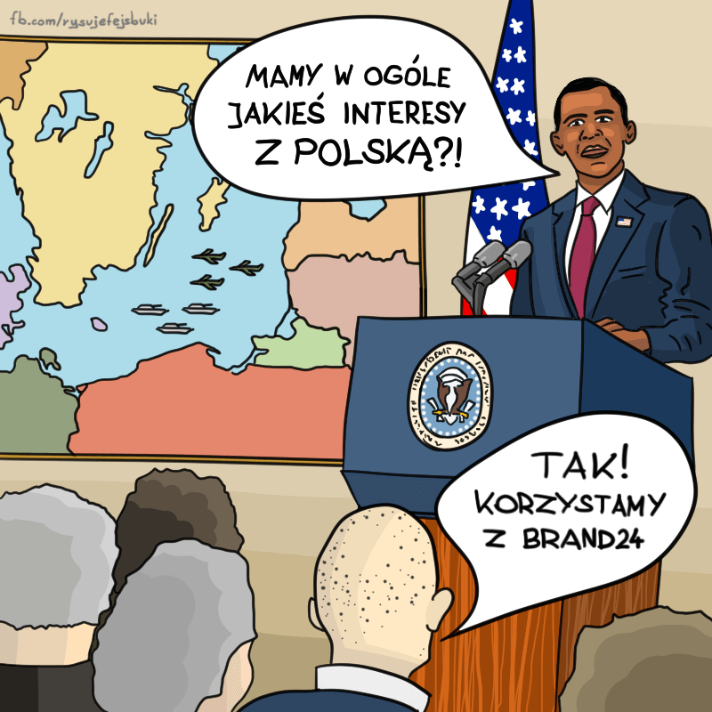 Barack Obama pyta z mównicy: "Mamy w ogóle jakieś interesy z Polską", na co osoba z pierwszego rzędu odpowiada: "Tak! Korzystamy z Brand24"