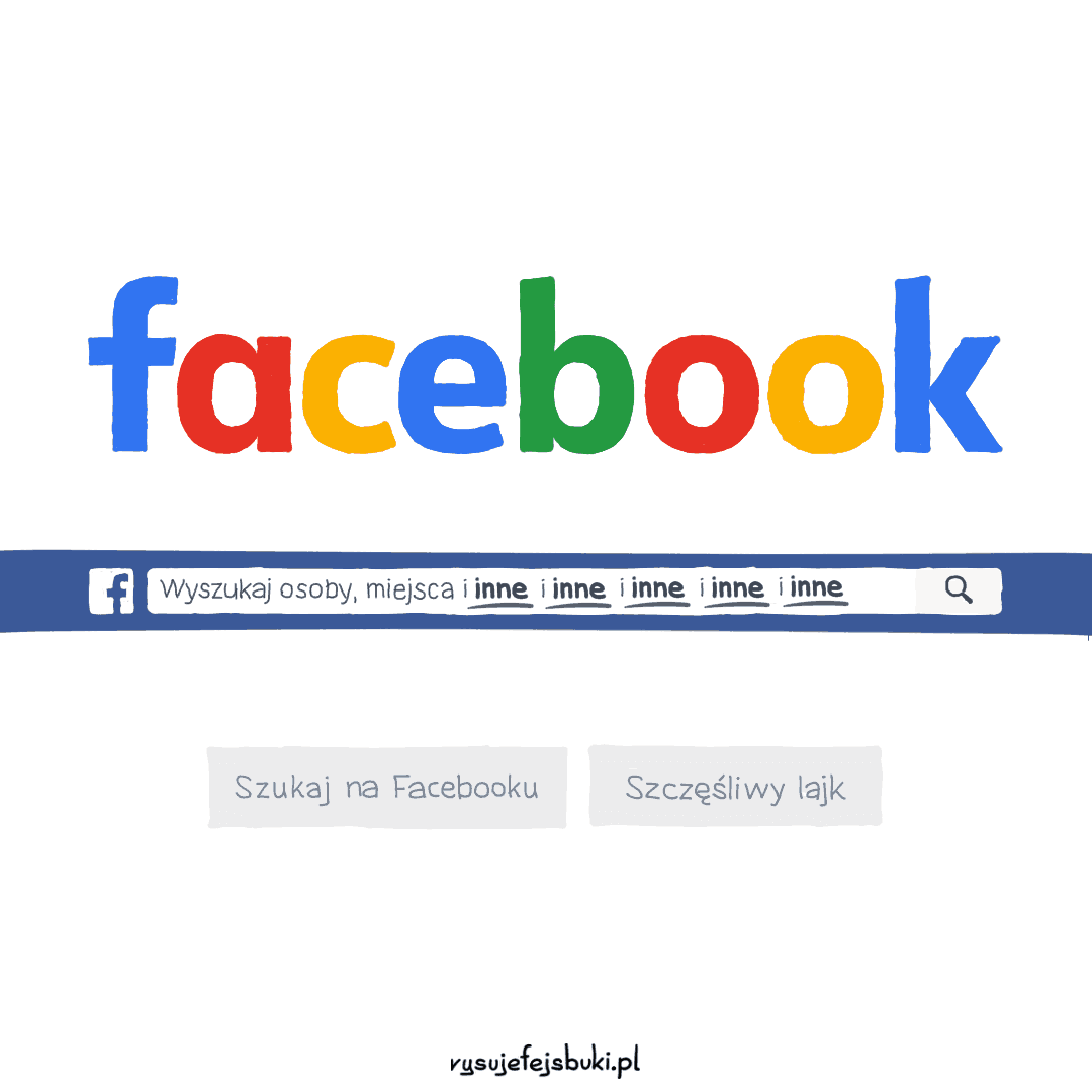 Na rysunku logo Facebooka w kolorach Google i facebookowy pasek wyszukiwania w miejscu charakterystycznym dla paska wyszukiwania Goole