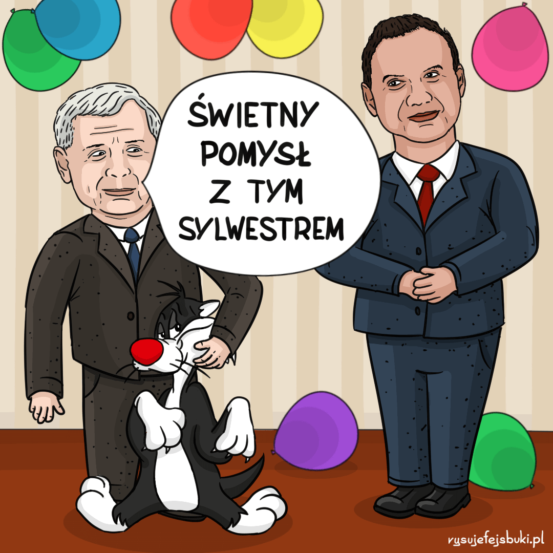 Jarosław Kaczyński stoi obok Andrzeja Dudy, trzyma kota Sylwestra i mówi: "Świetny pomysł z tym Sylwestrem"
