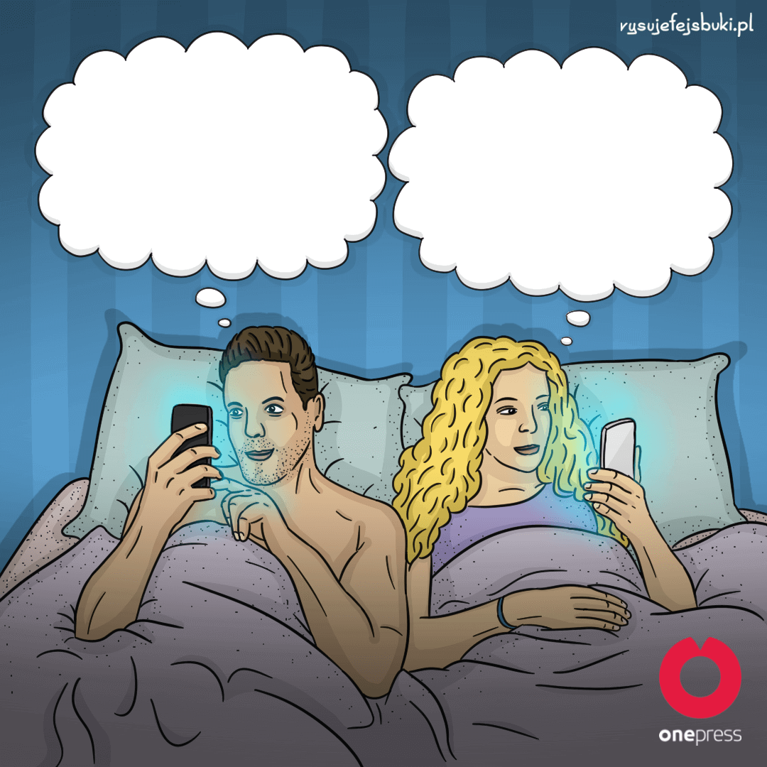 Para leży w łóżku, każdy wpatrzony w ekran swojego smartfona