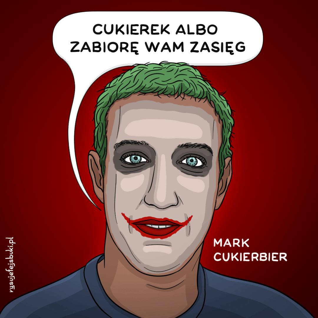 Mark Zuckerberg w roli Jokera mówi: "Cukierek albo zabiorę Wam zasięg"