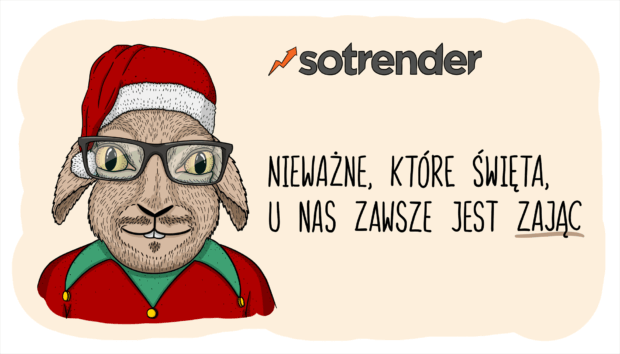 Rysunek na kartkę świąteczną z okazji Bożego Narodzenia dla Sotrendera z napisem "Nieważne, które święta. U nas zawsze jest zając" (CEO Sotrendera to Jan Zając)