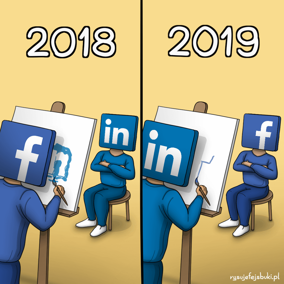 W 2018 roku Facebook próbował nieumiejętnie skopiować LinkedIna, w 2019 roku sytuacja odwróci się i to LinkedIn spróbuje skopiować Facebooka, wprowadzając takie funkcjonalności jak: reakcje, relacje i reklamy karuzelowe