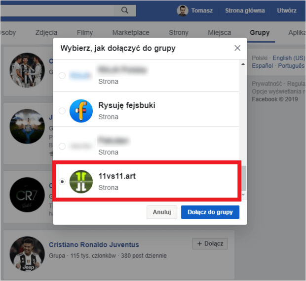 Podczas dołączania do grupy na Facebooku, sam decydujesz, czy chcesz do niej dołączyć jako użytkownik czy jako jedna ze stron, którą zarządzasz