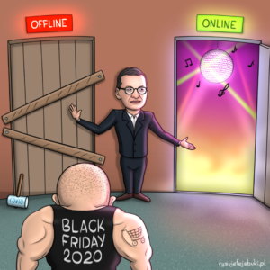 Premier Polski Mateusz Morawiecki wskazuje drogę Black Friday 2020 w kierunku drzwi z napisem "online"