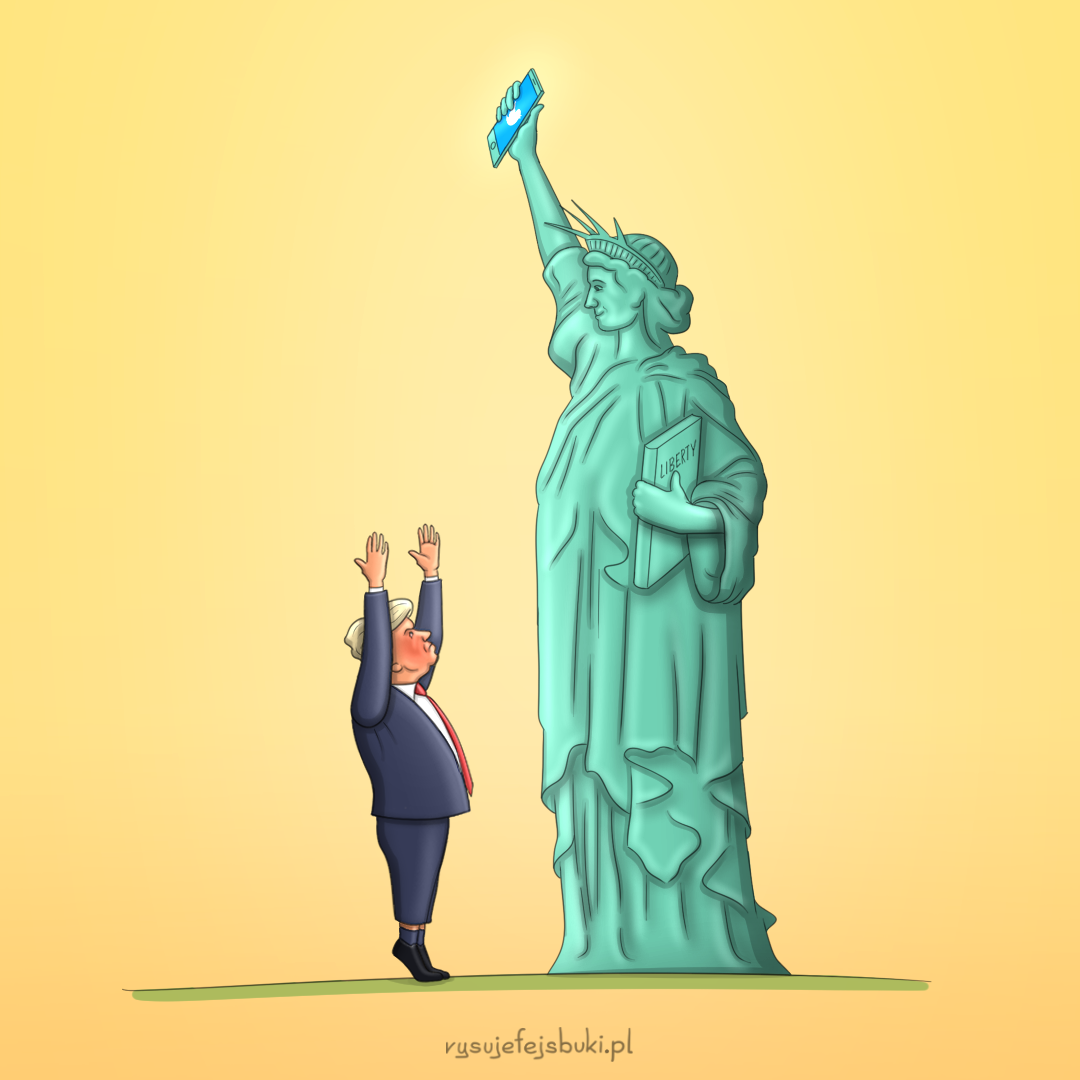 Statua Wolności zabiera zdenerwowanemu Donaldowi Trumpowi smartfona z uruchomionym Twitterem