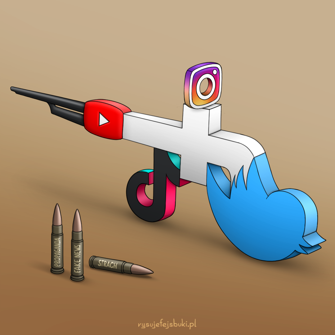 Social media jako broń złożona z logo Facebooka, Twittera, TikToka, YouTube'a i Instagrama. Poniżej naboje podpisane kolejno: propaganda, fake news, strach