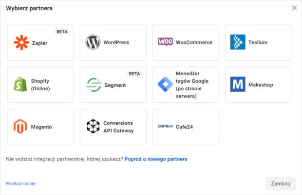 Wybór partnera podczas integracji API konwersji Meta