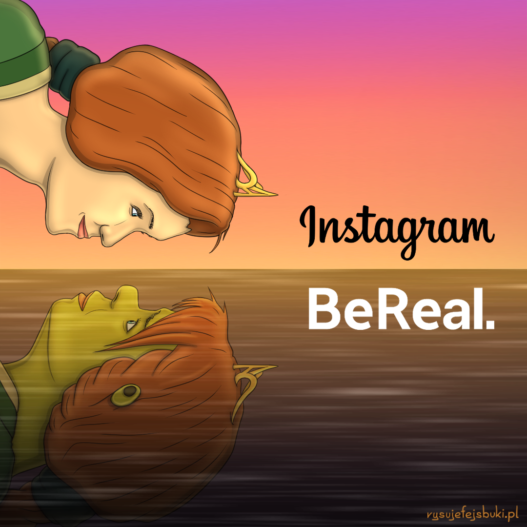 U góry grafiki logo Instagrama i Fiona ze Shreka jako księżniczka. Na dole odbicie lustrzane, ale z logo BeReal i Fioną jako ogrzycą