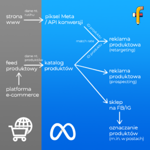 Schemat przedstawiający, w jaki sposób system reklamowy Meta wykorzystuje katalog produktów do tworzenia reklam produktowych oraz sklepów na Facebooku i Instagramie