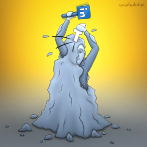 Rysunek przedstawiający metaforycznie pracę nad własną marką za pomocą mediów społecznościowych - Facebooka i LinkedIna