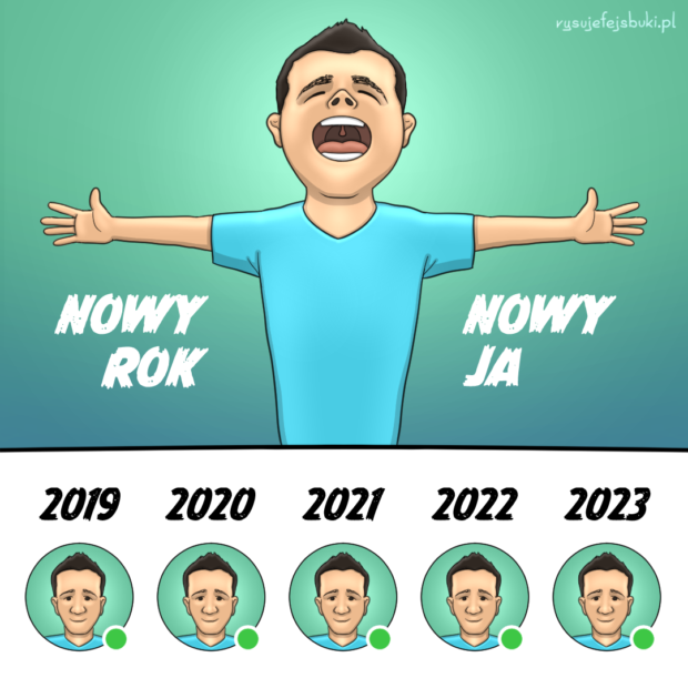 Rysunek przedstawiający człowieka, który co roku powtarza: "Nowy rok, nowy ja", a jednocześnie od 5 lat nie zmienia zdjęcia profilowego w mediach społecznościowych