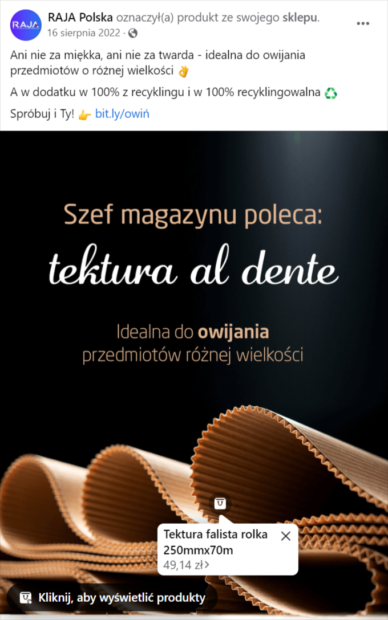 Przykład kreatywnego postu opublikowanego na stronie RAJA Polska na Facebooku